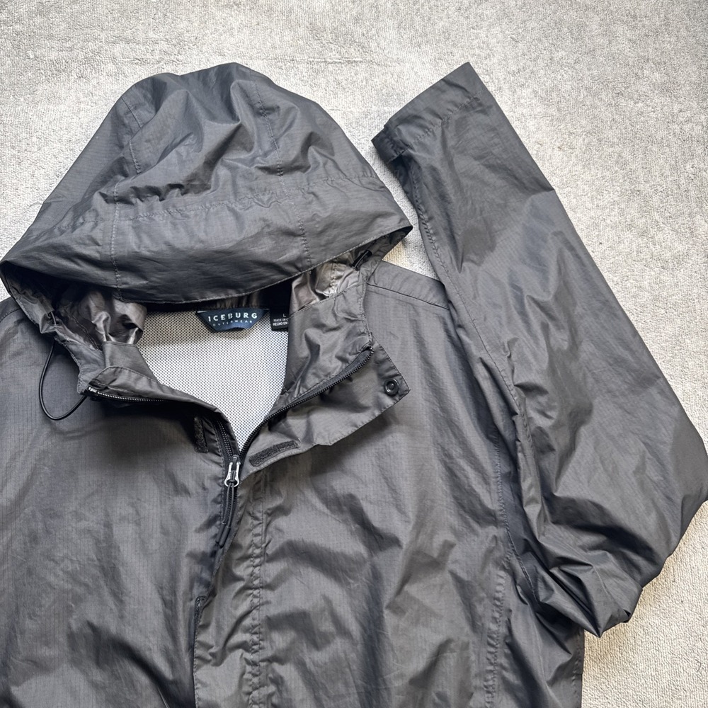 Iceberg Outerwear Mens Black Hooded Windbreaker Lightweight Jacket Size Large